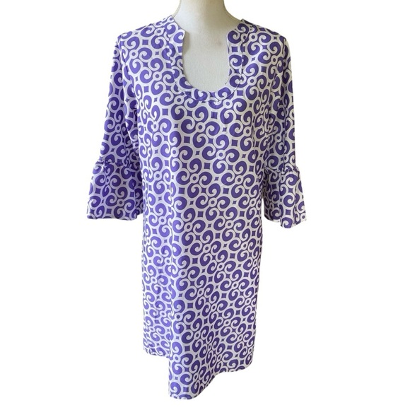 Buckhead Betties Silky Shift Dress Size L Purple White Design Bell Sleeve Roomy - Picture 9 of 12